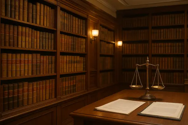 an empty office with bookshelves and scales of justice on the desk an empty office with bookshelves and scales of justice on the desk