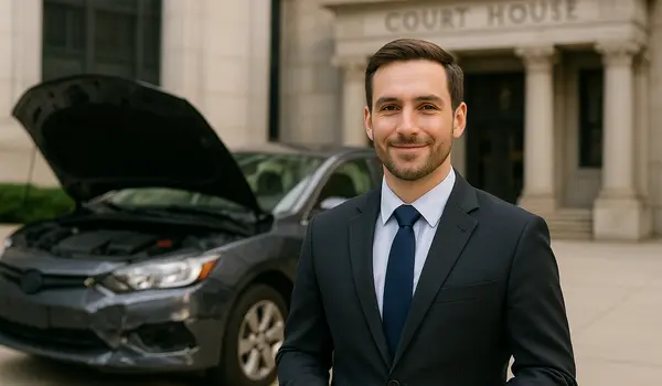 a male lawyer smiling at the camera with a lemon car in the background