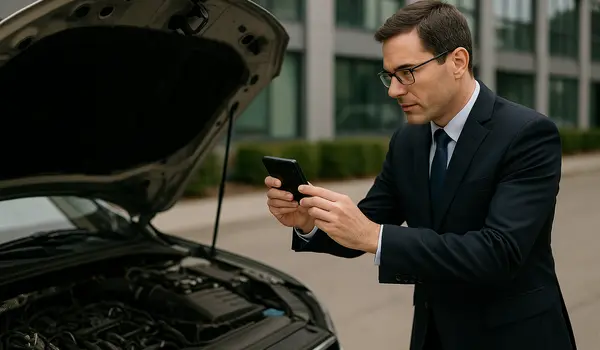 a male lawyer smiling at the camera with a lemon car in the background a male lawyer smiling at the camera with a lemon car in the background