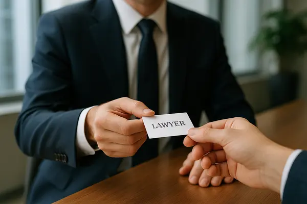 a lawyer handing a man a business card a lawyer handing a man a business card