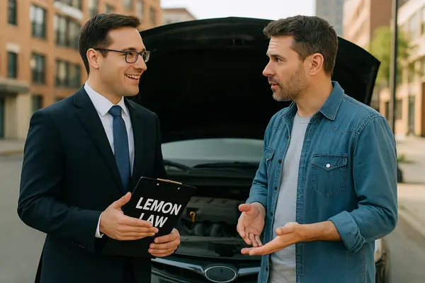 a lawyer talking to a client on the street while holding a clipboard that says lemon law a lawyer talking to a client on the street while holding a clipboard that says lemon law