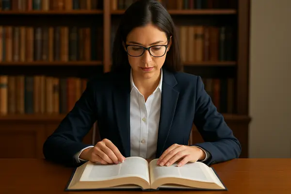 a female lawyer reading a legal book