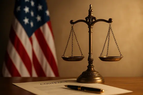 scales of justice on a desk with the American flag in the background
