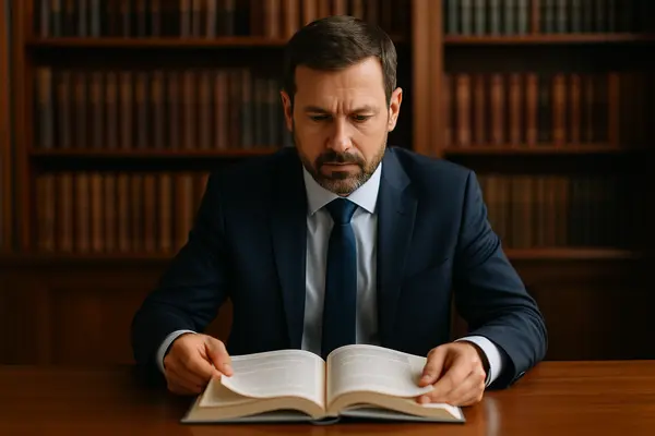 a male lawyer reading a legal book