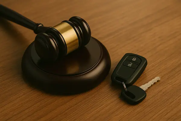a gavel with some car keys next to it