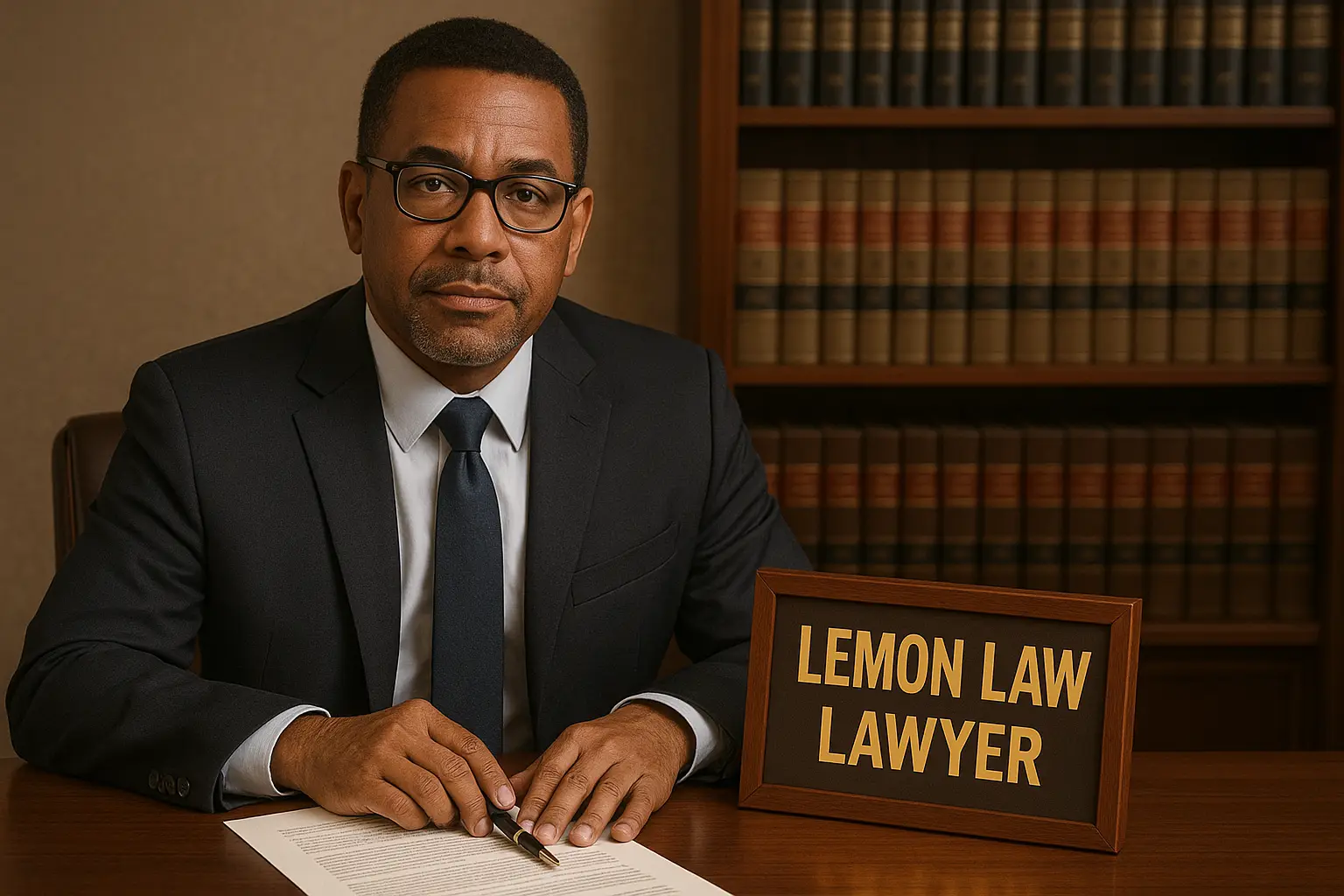 a lawyer sitting at his desk with a sign next to him that says lemon law a lawyer sitting at his desk with a sign next to him that says lemon law