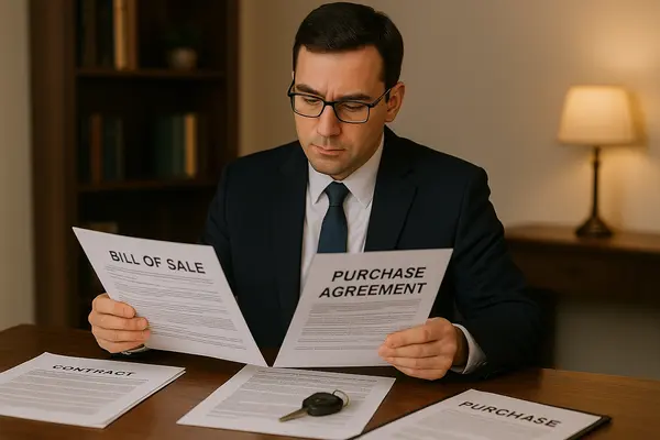a lemon law lawyer in his office reading a bill of sale and purchase agreement a lemon law lawyer in his office reading a bill of sale and purchase agreement