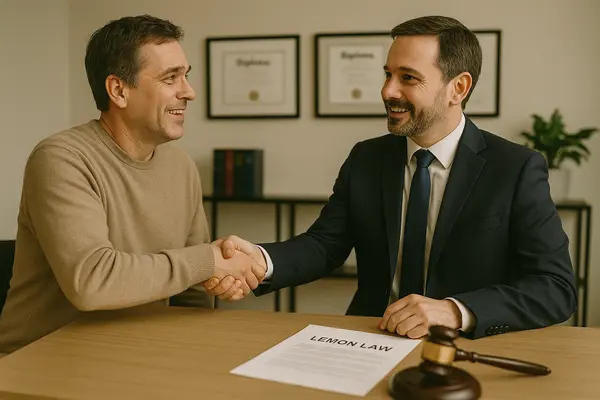 a lemon law lawyer shaking hands with a customer in his office a lemon law lawyer shaking hands with a customer in his office