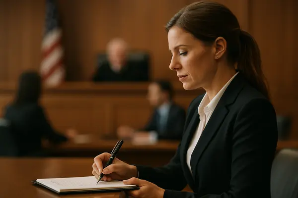 a female lawyer writing in her notes in a courtroom a female lawyer writing in her notes in a courtroom