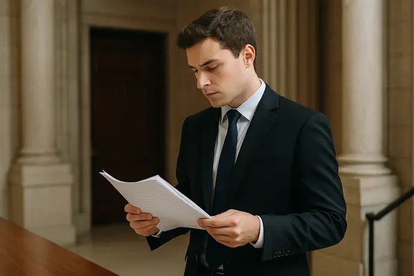 a young lawyer focused on reading a legal document