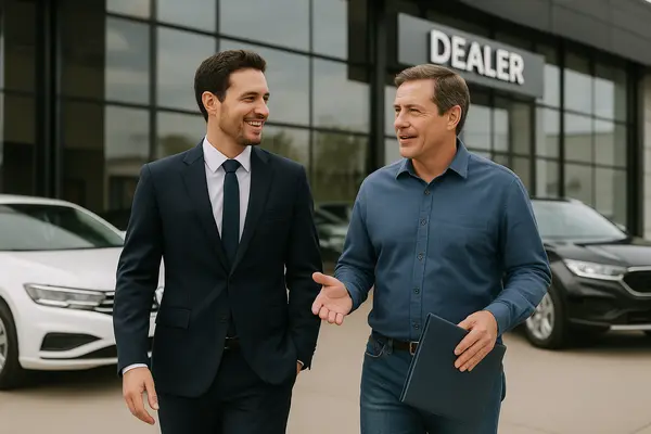 a lawyer and a customer walking together, both smiling a lawyer and a customer walking together, both smiling