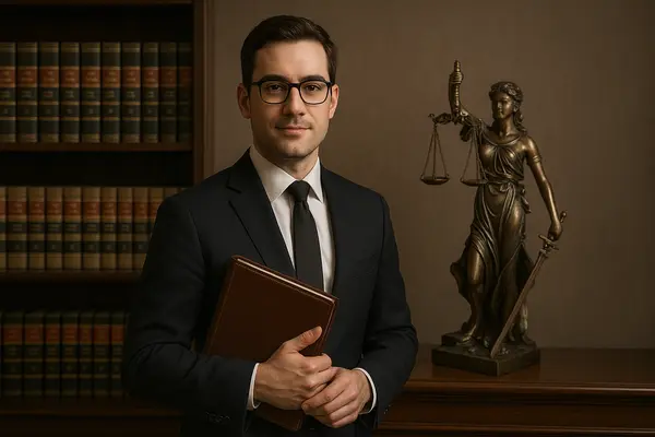 a male lawyer holding a book while posing for the camera