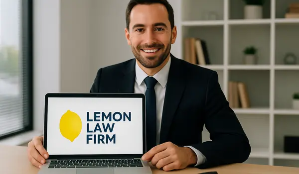 a lawyer in his office showing a laptop screen that says lemon law firm a lawyer in his office showing a laptop screen that says lemon law firm