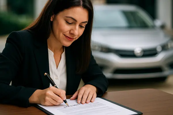 a female representative pointing to a car sales contract with a pen