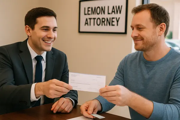 a lemon law lawyer handing a check to his customer after winning his case