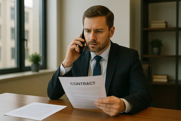 a male lawyer talking on his phone while holding a legal document