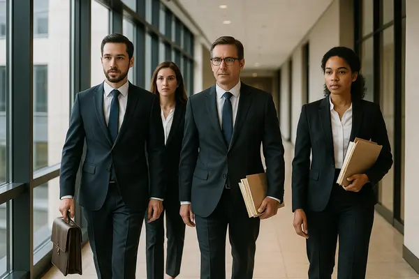 4 lawyers walking down the hallway of a building 4 lawyers walking down the hallway of a building