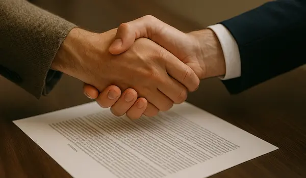 2 hands shaking to close a deal with a legal document underneath them 2 hands shaking to close a deal with a legal document underneath them