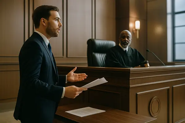 a lawyer presenting his case in a courtroom