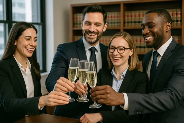4 lawyers celebrating a won case with champagne