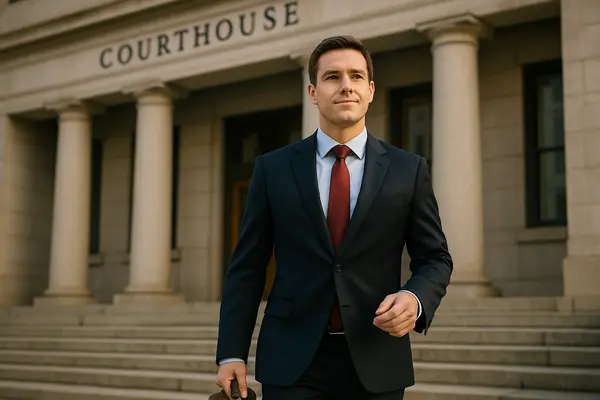 a lawyer walking down the stairs of a courthouse entrance a lawyer walking down the stairs of a courthouse entrance