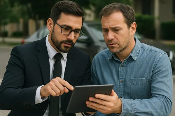 a lawyer with an iPad explaining something to his client