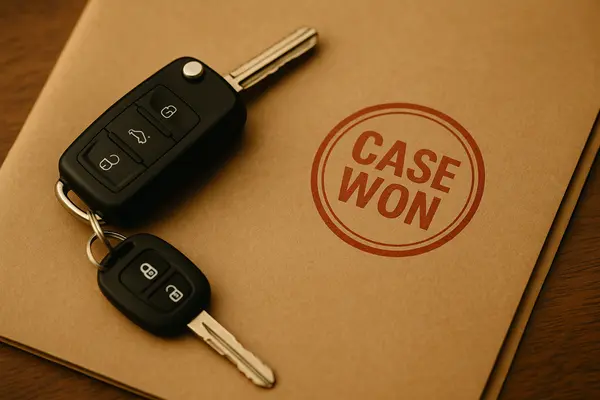 a set of keys on top of a folder that says case won